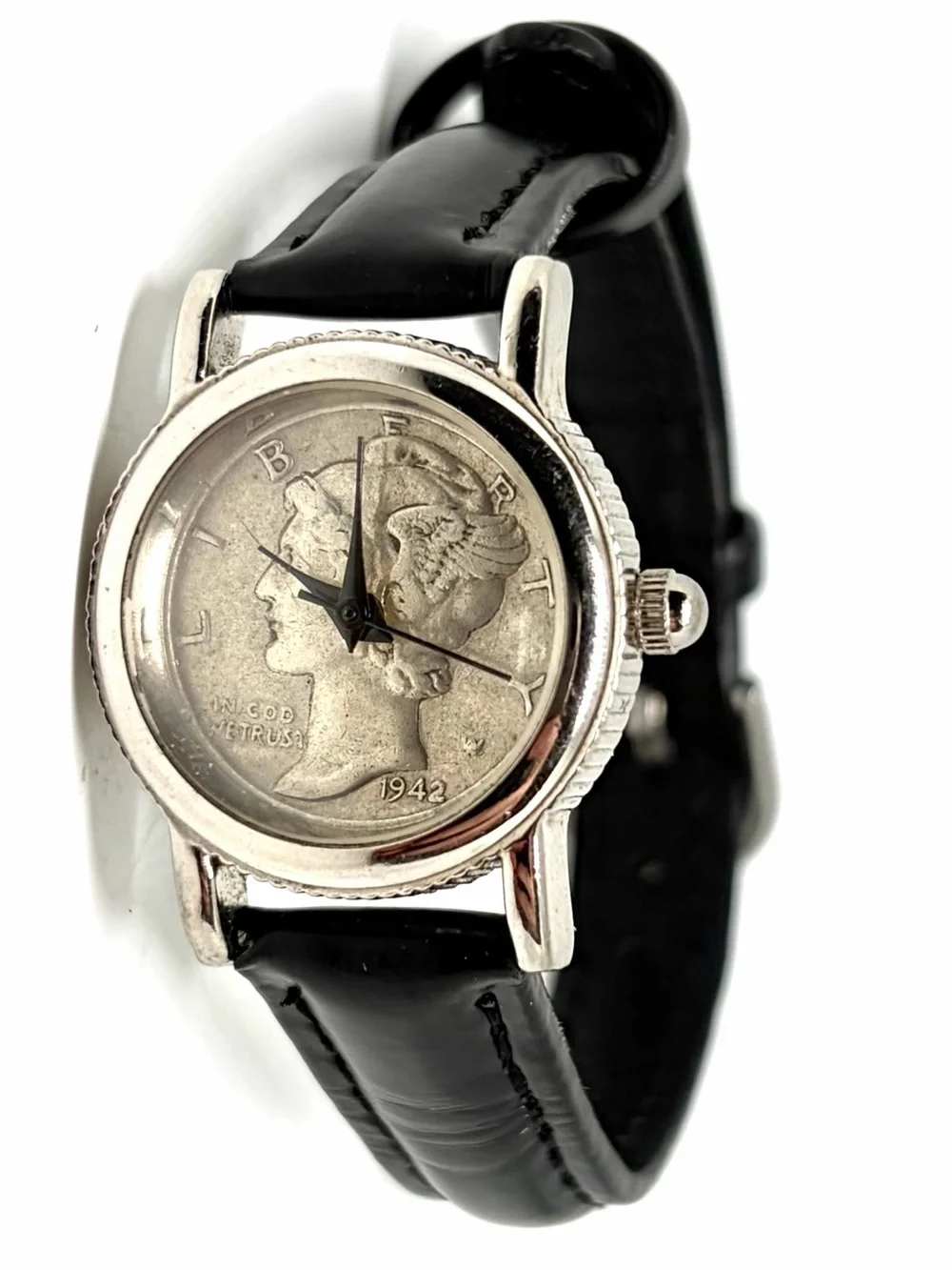 Vintage WORKING Mercury Silver Dime Ladies Quartz Wrist Watch Leather Strap